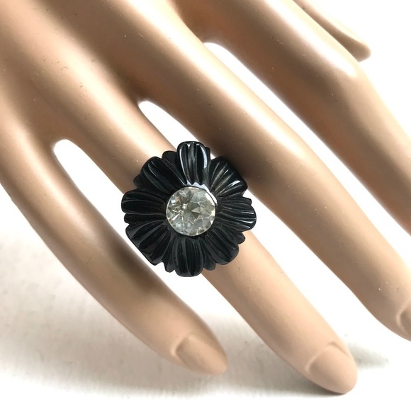 Jewelry - Vintage Black Plastic Costume Jewelry Floral Ring with Faux Diamond
